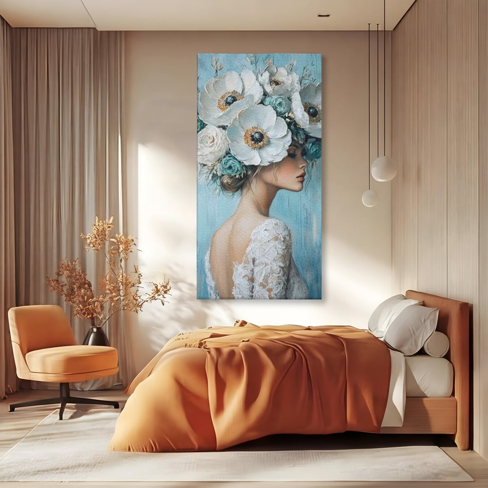 Tablou canvas cu tablou canvas cu femeie si flori, fara rama, pe sasiu de lemn, pe perete intr-un dormitor